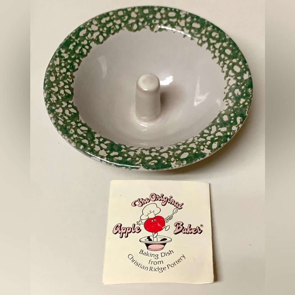 Vintage Unused Glazed Clay Pottery ORIGINAL APPLE BAKER Green Spongeware Trim